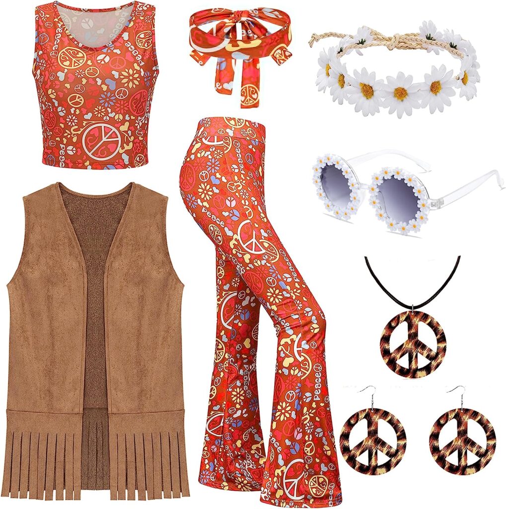 EBYTOP Halloween 60s 70s Decades Costume for Women - Hippie Outfits and Accessories