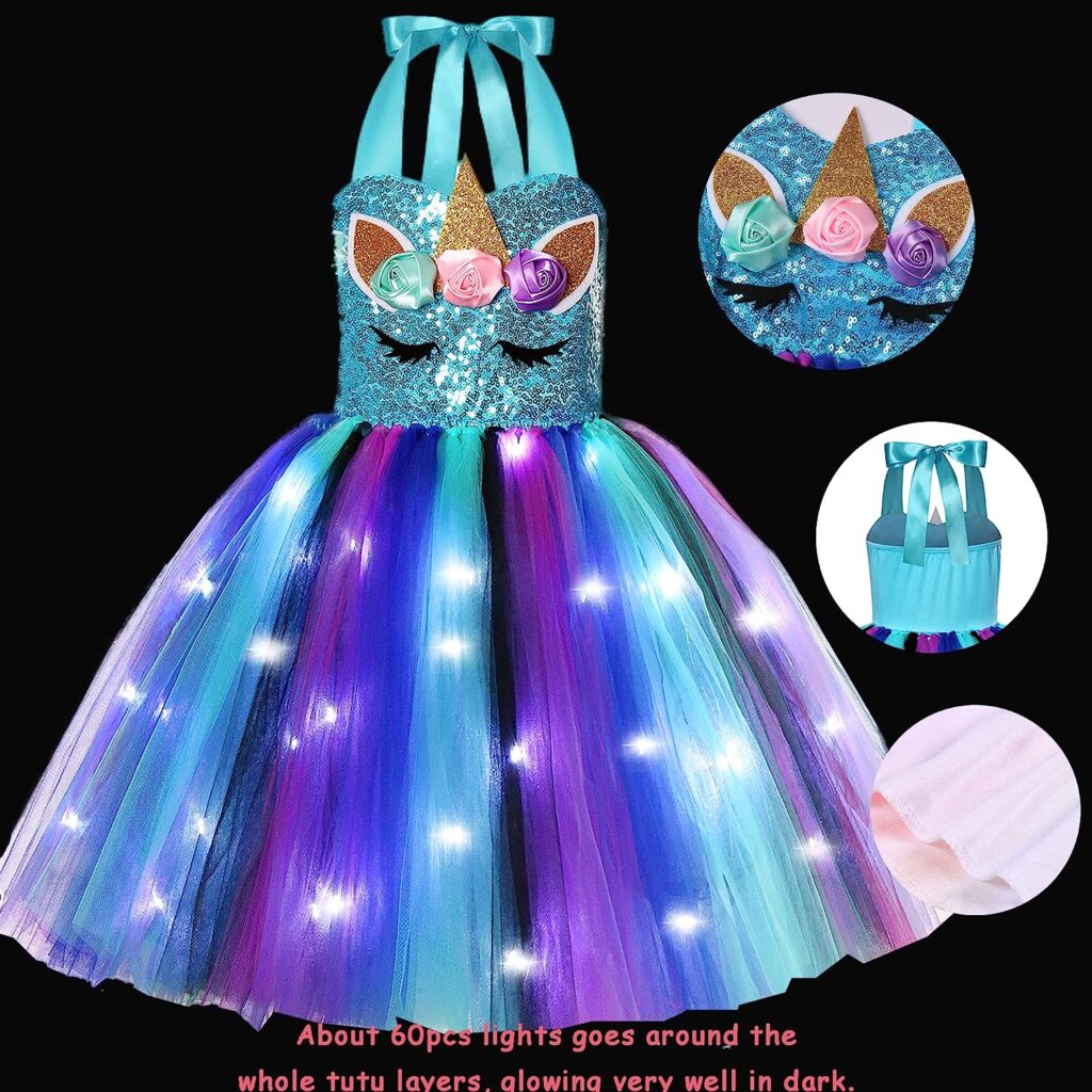 KAKALVER Unicorn Dress for Girls Unicorn Costume LED Light Up for Dress up Halloween Birthday Party Decoration Unicorn Gifts