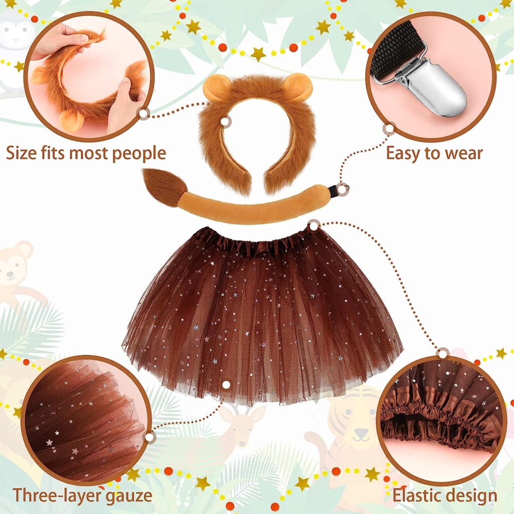Newcotte 3 Pieces Lion Costume Lion Ears Headband with Tail Lion Tutu for Girls Women Halloween Carnival Cosplay Party (Adult Size)