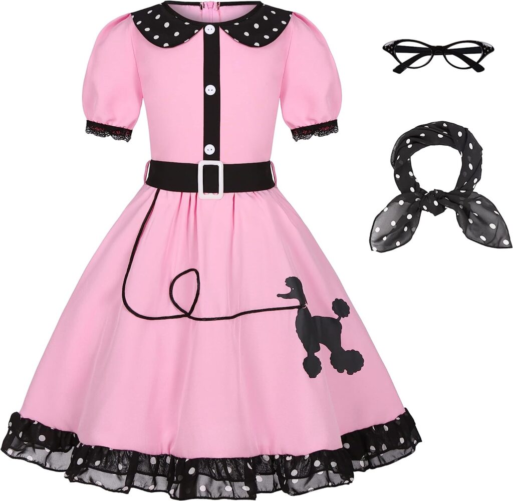 Nuehoryu 50s Costumes for Girls 50s Poodle Dress with Polka-Dot Printed Scarf for Kids Halloween Costume