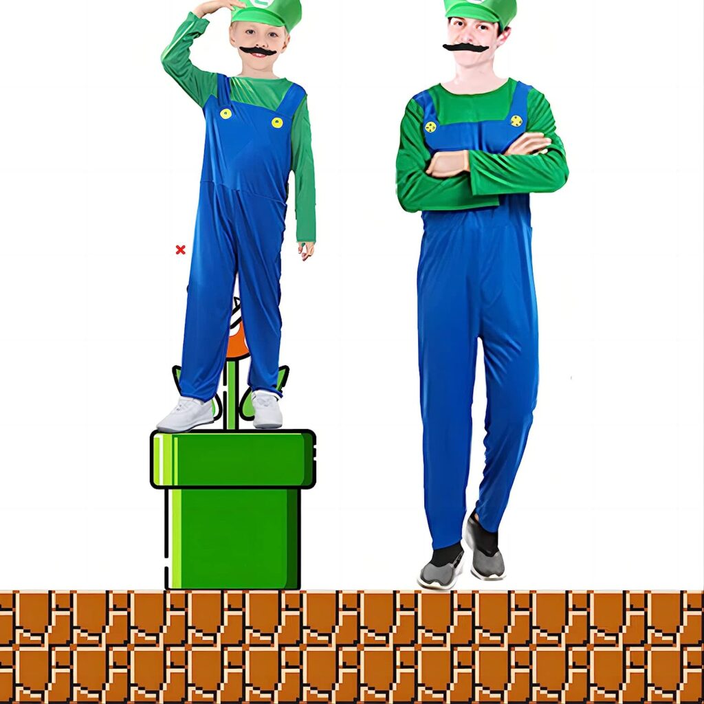PUVKVE Super Brothers Costume Outfit Halloween Cosplay Costume for Adult Kids Plumber Cosplay Overalls with Accessory