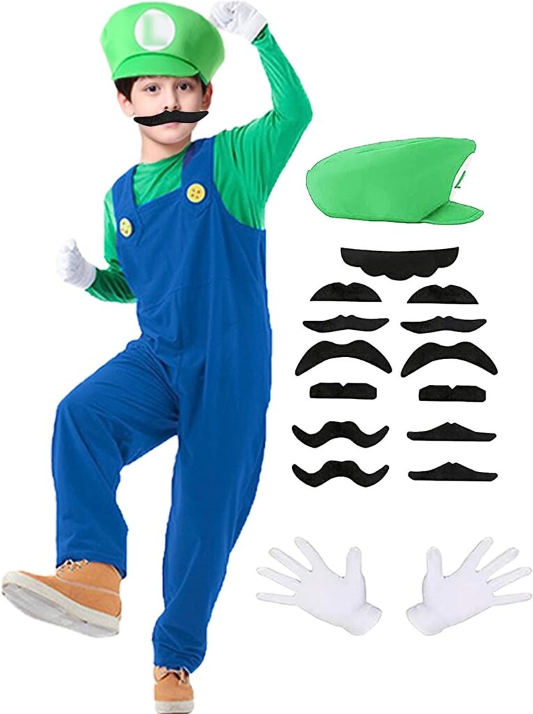 PUVKVE Super Brothers Costume Outfit Halloween Cosplay Costume for Adult Kids Plumber Cosplay Overalls with Accessory