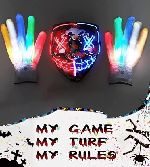 STONCH Halloween Mask Skeleton Gloves Set, 3 Modes Light Up Scary LED Mask with LED Glow Gloves, Halloween Decorations Anonymous Mask, Halloween Costumes glow purge Masks âGift for Boys Girls